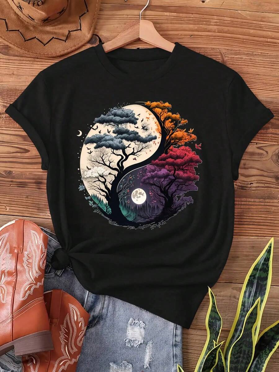 Camiseta Casual de Corte Holgado para Mujer con Estampado Gráfico del Árbol Yin Yang de las Cuatro Estaciones, Transpirable y Cómoda, de Algodón Puro, Manga Corta, Cuello Redondo con Estampado de Naturaleza Mística, Camiseta de Uso Diario Casual y Estilo Espiritual Urbano.