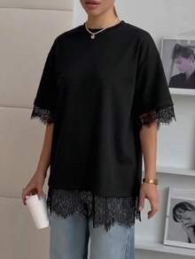 女款休閒寬鬆蕾絲拼接露背圓領短袖T恤，波希米亞風黑色夏季款 - 黑色 - 查看 4