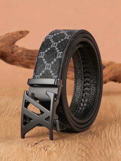 Men's PU Leather Automatic Ratchet Buckle Belt, Vintage Letter Print Hollow Letter Buckle Adjustable Business Casual Waist Strap For Men Jeans Suit Daily Work Wear