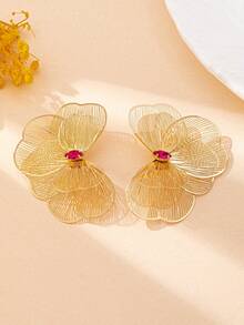 1 paire de boucles d'oreilles vintage élégantes avec cristaux incrustés et motif floral ajouré pour femmes, convient pour les cadeaux, les fêtes, les banquets et le port quotidien - Or jaune - Voir 2