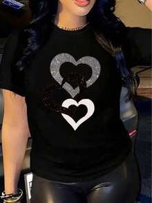 YOCASA Camiseta informal de verano para mujer, de cuello redondo, ajustada y manga corta, con estampado de pintura al óleo, floral, de corazones, de cerezas y de letras. Tejido informal sencillo, estilo deportivo, ideal para el día a día y para una cita de San Valentín. - Negro - Ver 7