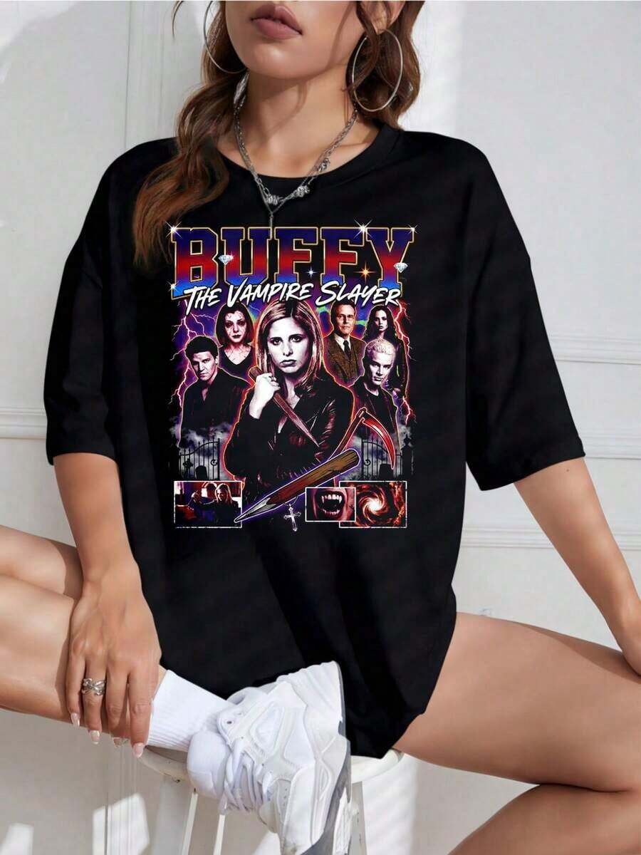 Camiseta Unisex con Estampado de Serie Retro, Cuello Redondo, Manga Corta, Diseño Vintage, Ideal para Fans - Negro - Ver 1