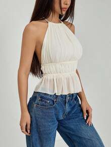 Top sin espalda con cuello de halter y cintura anudada con pliegues para mujer - Beis - Ver 4
