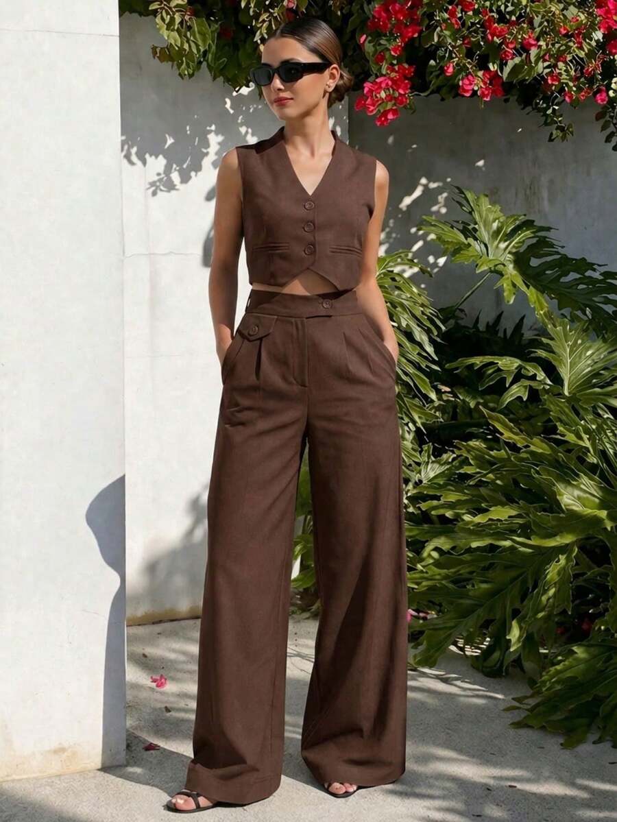 FASHION MO, REF: Y252 Women's Suit, Women's Set, Two Pieces, Buttoned Vest, Casual Suit, Women's Wide Pants, Side Pants, Elegant Look, Formal Fashion, Event Set, Refined Look, Modern Suit, Stylish Suit, Sophisticated Women's Clothing, Light Tailoring, Comfort And Elegance, Party Set, Women's Vest, Comfortable Pants, Women's Urban Look, Ideal For Work, Perfectly Fitting Clothing, Versatile Set, Suit With Personality, Women's Casual Fashion, Practical And Elegant Style. - Màu nâu Sô-cô-la - Xem 1