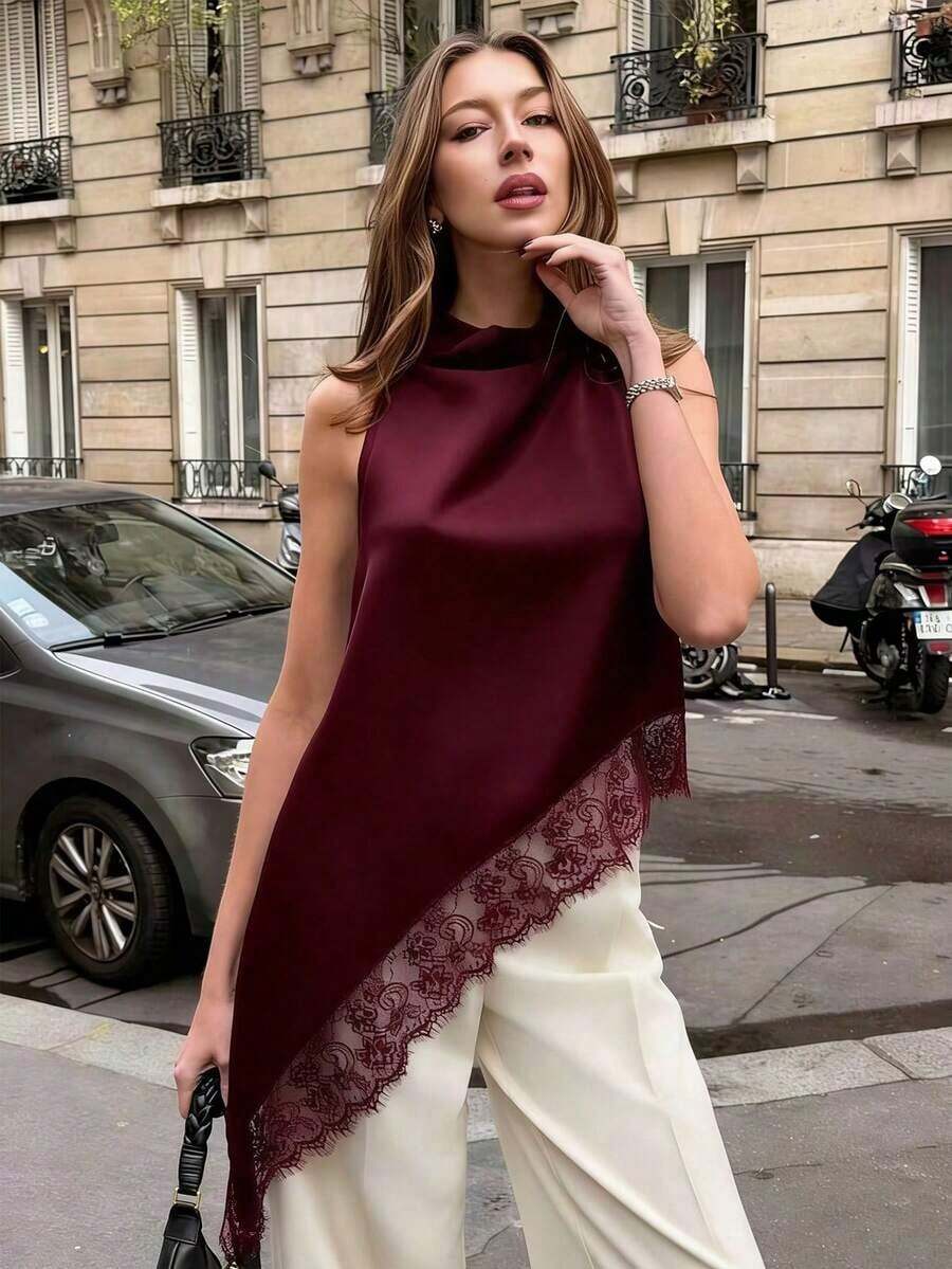 Blusa de unicolor con cuello halter, recorte de encaje asimétrico y empalme, camisa elegante para el verano - Burdeos - Ver 1