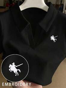 Camiseta de manga corta ajustada con cuello bordado para mujer - Negro - Ver 8