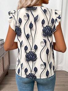 Clasi Blusa de mujer de verano con cuello en V y mangas cortas con estampado floral - Niebla azul - Ver 5