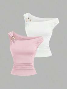 Set de 2 camisetas ajustadas con cuello asimétrico, versátil top casual, primavera/verano - Multicolor 8 - Ver 8