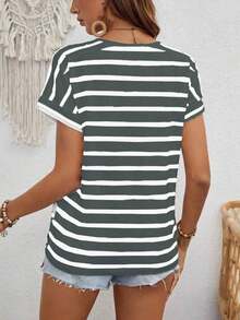 Camiseta con mangas de murciélago a rayas, informal, camisetas gráficas de verano para mujeres - Gris Oscuro - Ver 2