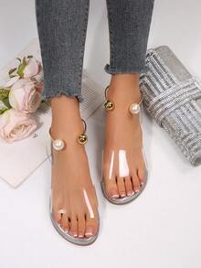 Giày sandal đế bằng hở mũi mùa hè mới, quai ngang mắt cá chân bằng kim loại đính ngọc trai trong suốt, thích hợp cho nữ đi biển hoặc du lịch. - Bạc - Xem 2