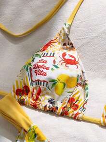 Swim Mod Conjunto de bikini de dos piezas con estampado de frutas y verduras en todo el diseño, con escote halter y lazos, para vacaciones de verano - Multicolor 7 - Ver 3