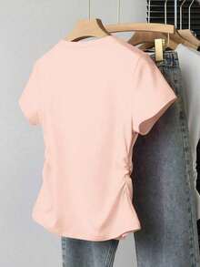 Camiseta casual de cuello redondo de manga corta y unicolor para mujer en verano - Rosado Sandía - Ver 2