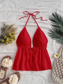 Camiseta de tirantes con cuello de halter y nudo en la espalda para mujer, adecuada para el verano - Rojo - Ver 6
