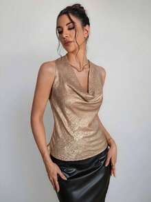 1 pieza Blusa de mujer con cuello de lazo en color albaricoque, minimalista y elegante, top sin mangas - Dorado - Ver 5