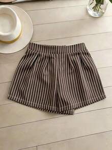Conjunto de 2 piezas de mujer tejido a rayas de estilo elegante para el verano - Café integral - Ver 4