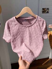 Camiseta básica de manga corta de cuello redondo tejida en jacquard rosa, de verano - Púrpura malva - Ver 7
