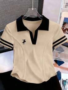Camiseta de mujer casual de manga corta con cuello polo, estampado de caballero a rayas y contraste de color - Albaricoque - Ver 7