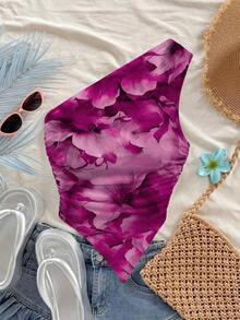 Blusa de mujer con estampado floral, cuello y bajo asimétricos y fruncido - Morado - Ver 6