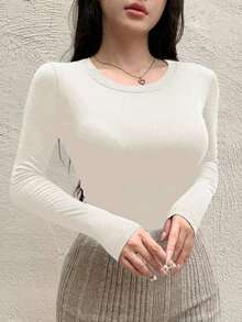 Camiseta de manga corta de unicolor casual para mujer, verano - Blanco - Ver 2