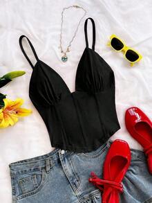 Camiseta sin mangas de punto rojo con escote en V y espalda cruzada, adecuada para citas, estilo bohemio, vacaciones, otoño, ropa de mujer, vintage, días festivos - Negro - Ver 1