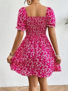 Vestido de mujer de manga corta con cuello cuadrado y estampado floral elegante, vestido de mujer con manga abullonada, vestido floral para vacaciones con cintura, vestido de verano para mujer, vestidos lindos para mujer, vestido floral rojo, vest - Rosa Fucsia - Ver 2
