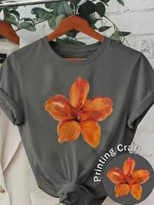 Women's Casual Round Neck Short Sleeve Tee Shirt with Gorgeous Orange Floral Print Summer blusas para mujer playeras de mujer blusas casuales para dama - Blanco - Ver 12