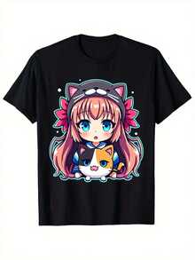 Printed T-Shirts Featuring Anime Girls And Kittens With Cat Ears Are Designed In A Cute Japanese Manga Style. This Soft And Breathable Unisex Casual Shirt Is Perfect For Both Men And Women. - 黑色 - 查看 6