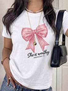 100% Cotton Women's Casual T-Shirt, Round Neck, Short Sleeve, Regular Fit, With Pink Bow And "She Is Worthy" Print - 白色 - 查看 2