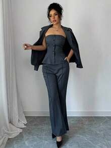 Set de 3 piezas elegante para mujer: Chaqueta con cuello de solapa, top camiseta y pantalones de campana para el otoño - Gris - Ver 5