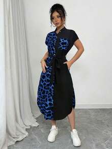 Vestido largo de manga corta para verano 2025, nuevo, con bolsillo, abertura lateral, cinturón y lazo, estampado de leopardo, para uso casual y de viaje - Azul - Ver 5