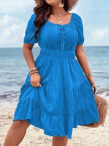 Clasi Vestido corto de manga corta en color burdeos de uso diario, sencillo y liso para mujeres de talla grande - Azul - Ver 3