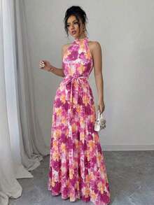 Vestido elegante y romántico con estampado floral, corte evasé y escote halter sin mangas para mujer - Multicolor 7 - Ver 3