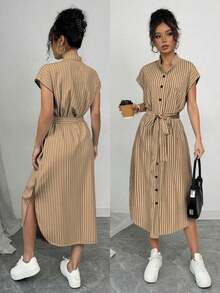 Vestido largo de manga corta para verano 2025, nuevo, con bolsillo, abertura lateral, cinturón y lazo, estampado de leopardo, para uso casual y de viaje - Caqui - Ver 9