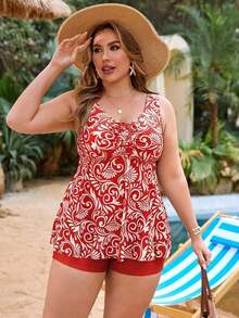 Swim Lushoire Conjunto de tankini de 2 piezas de talla grande para mujer con estampado aleatorio, cordón en el busto y la cintura, diseño estilizador y minimalista para vacaciones y playa - Rojo - Ver 3