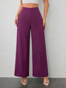 Pantalones anchos de cintura alta con textura, de estilo simple y casual, apropiados para la vuelta al cole y para uso diario - Rojo violeta - Ver 7