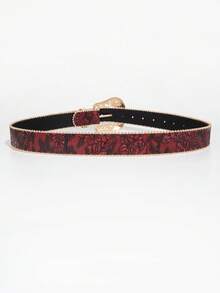 1pc Multicolor Bohemian Patterned Floral Element Metal Buckle Colorful Flower Print Women's Decorative Belt, Suitable For Commuting And Daily Wear - Red - Red Diamond - View 5