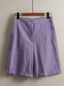 Pantalones de lino minimalistas casuales de unicolor para mujer, talla pequeña - Morado - Ver 3