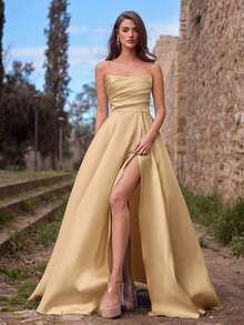 Vestido de noche elegante de mujer con fruncidos y abertura alta - Vestido formal de primavera/verano, adecuado para bodas, galas, alfombras rojas, fiestas, invitados de boda, fiesta de vacaciones de verano - Champán - Ver 5