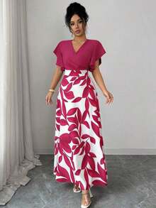 ajustado y acampanado con volantes y mangas de capa, con estampado de hojas de color rojo burdeos, para primavera/verano - Rosa Fucsia - Ver 5