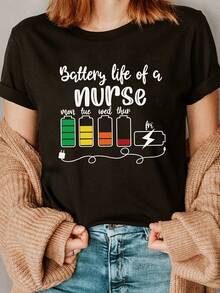 This Stylish Everyday T-Shirt Is Lightweight, Features A Nurse Letter Print, A Round Neck, Short Sleeves, And Is A Casual Sports Top, Suitable For Chic Feminine Fashion In Spring And Summer. - 黑色 - 查看 2