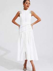 Vestido largo elegante 2026, cuello redondo sin mangas, con encaje, estilo casual y fiesta - Blanco - Ver 5