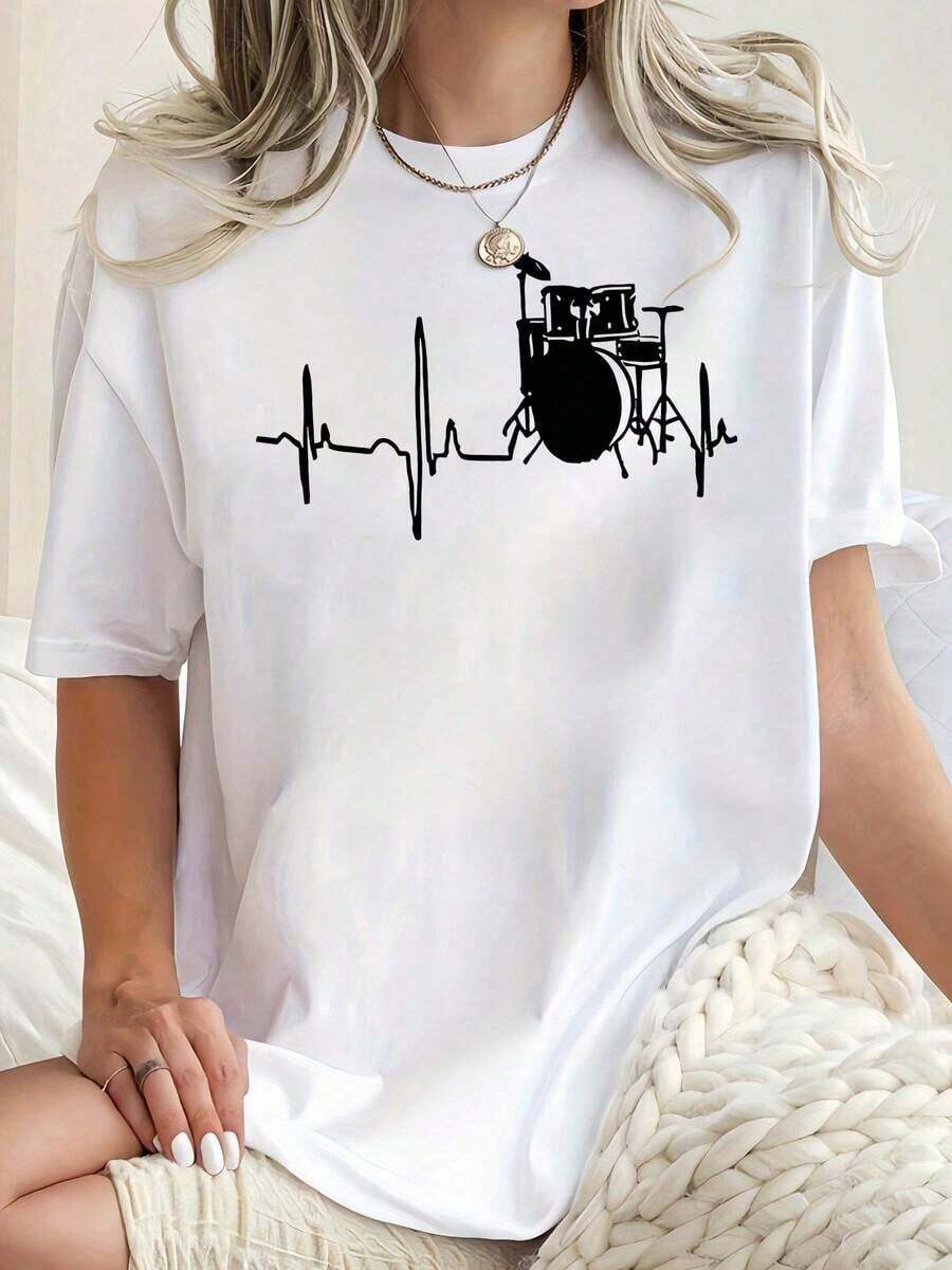 Women's Short-Sleeved T-Shirt With Vintage Musical Instrument Print, Simple Casual Sports T-Shirt, Comfortable Summer Vacation Top. - 白色 - 查看 1