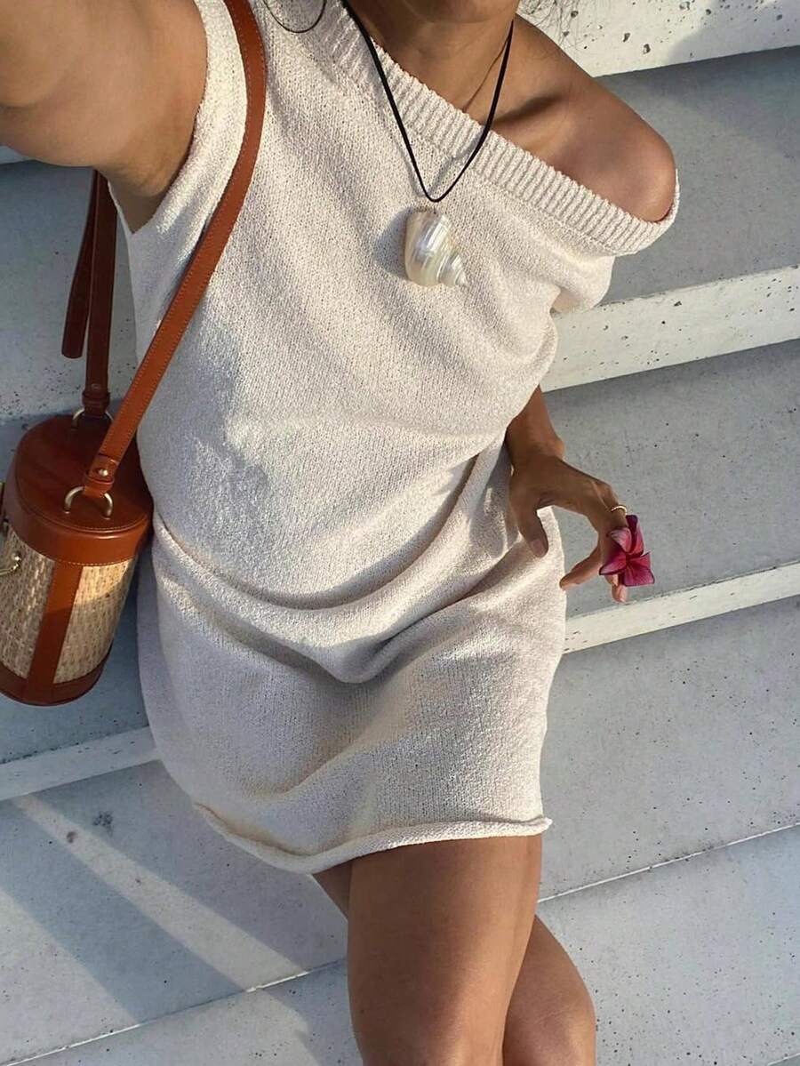 Buzzelle 女款優雅純色寬肩洋裝,適合上班、約會與日常穿著,夏季度假海灘白色休閒風 - 白色 - 查看 1