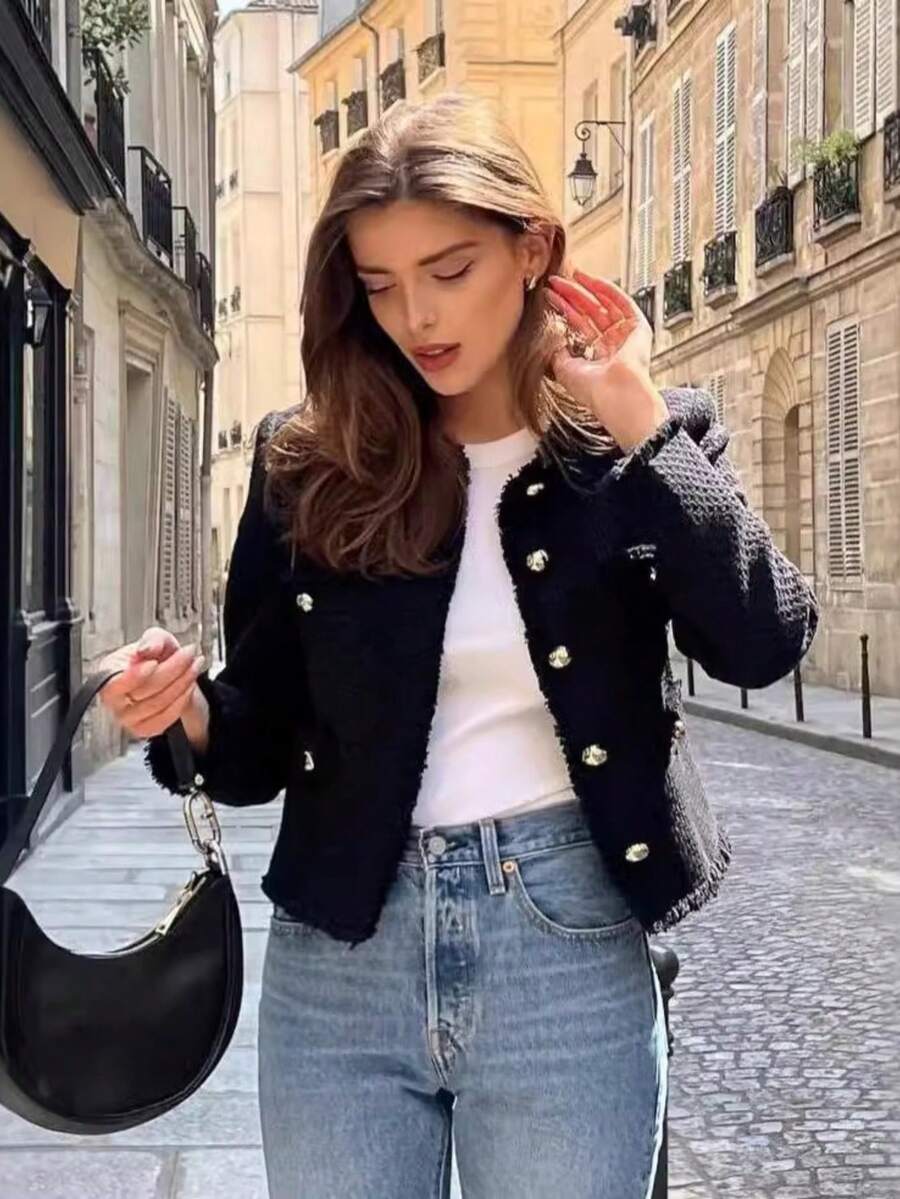 Chaqueta corta de tela gruesa con botones metálicos y bolsillos para primavera y otoño - Negro - Ver 1