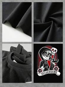 El estampado muestra un personaje con rostro de calavera acompañado de un perro esquelético y flores simbolizando la memoria y el amor eterno inspirado en la tradición del Día de los Muertos camiseta de mujer  cómoda y moderna - Negro - Ver 4