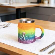 1pc 3D Alien Relief Rainbow Gradient Mug, 304 Stainless Steel Inner, Creative UFO City Landscape Design Cup, Perfect Gift For Space Enthusiasts, Suitable For Home And Office Use - Sci-fi Mug - View 5