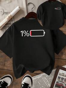 The Graphic Shows A Nearly Empty Battery With The Number 1% Symbolizing Extreme Tiredness And A Desire For Rest, Reflecting Modern Humor And A Relaxed Attitude. Women's Double-Sided Printed T-Shirt, Casual And Comfortable For Everyday Wear - 黑色 - 查看 1