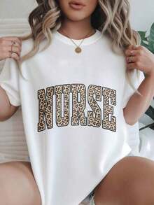 Camiseta Casual de Manga Corta para Mujer Estilo Vintage - Diseño con Estampado de Leopardo y Texto de Enfermera sobre Camiseta Blanca, Cuello Redondo, Top de Verano, Lavable a Máquina, Camisetas para Mujer, Ropa Casual, Estilo Moderno, Ajuste Cómodo  
 BlackFashion - Blanco - Ver 7