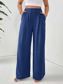 Pantalones casuales sueltos con bolsillos plisados y unicolor básico para mujer - Azul marino 2 - Ver 4