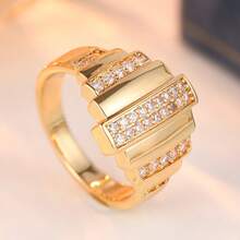 Vintage Staircase Design Men's Ring, Synthetic Zirconia Inlaid, Lightweight Luxurious Material, Versatile Daily Wear Ring - Gold - View 4